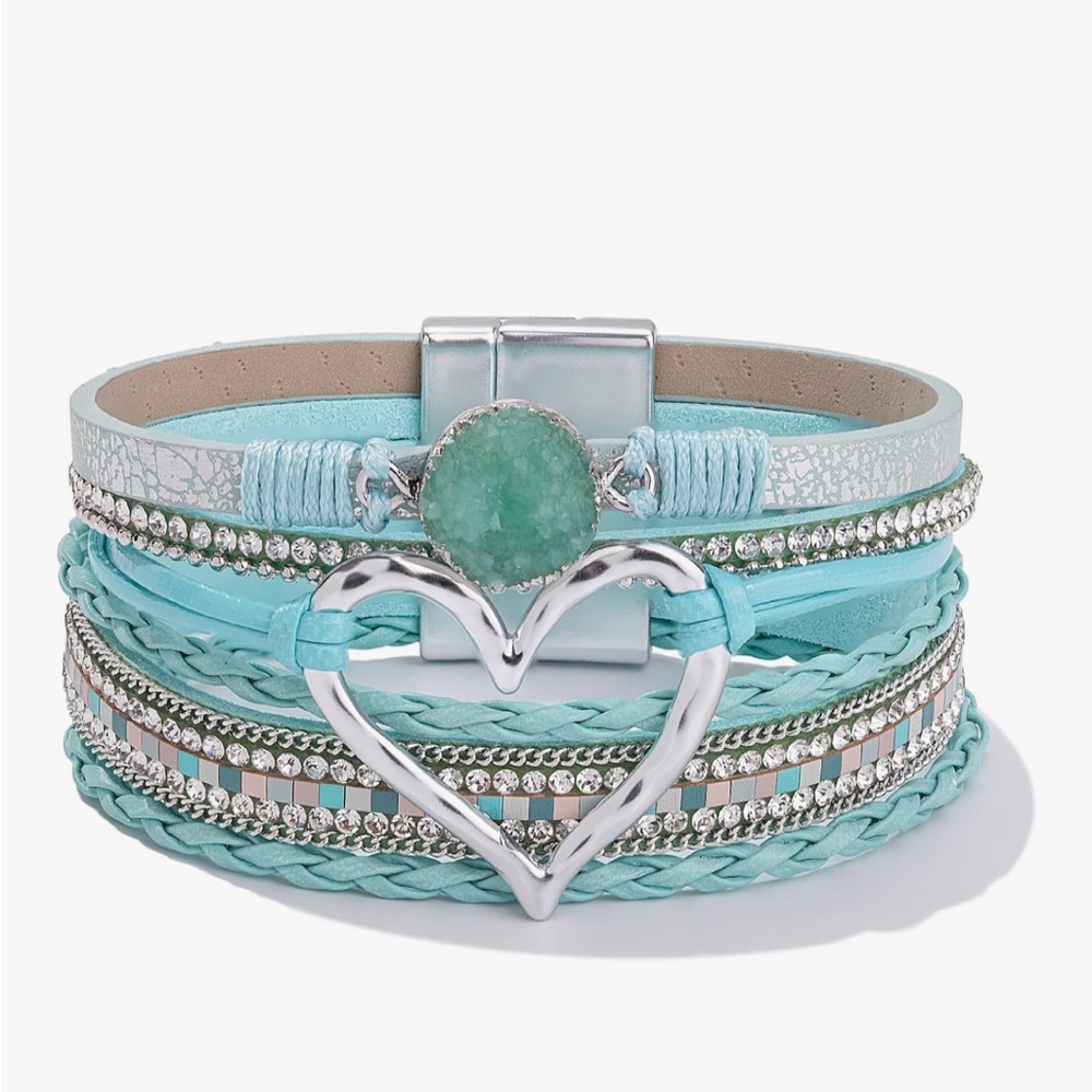 Teal and Silver Heart Charm Bracelet